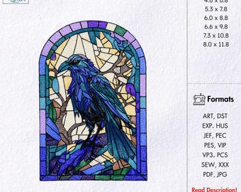 Stained Glass Raven Machine Embroidery Pattern Gothic Crow Digital File Bird Mosaic Window Design