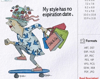 Funny Grandma Skateboarding Machine Embroidery Design Sassy Old Lady Shopping Quote Pattern
