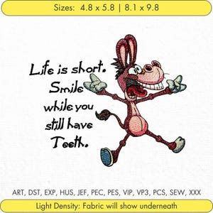 Op de afbeelding: Borduurwerk met een cartoon-ezel met de tekst "Life is short. Smile while you still have Teeth."