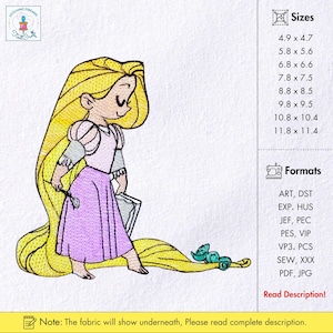 Princess Machine Embroidery Design Adorable Princess with Chameleon Embroidery Pattern Fairy Tale Machine Embroidery File Instant Download