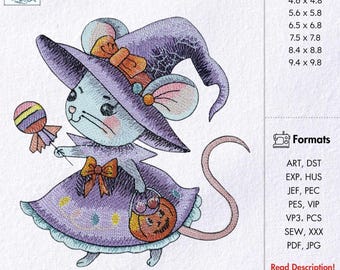 Whimsical Witch Mouse Embroidery Design Spooky Season Halloween Pattern