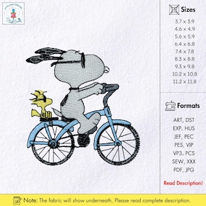 Cute Dog and Bird on Bicycle Embroidery Design Nosey Dog On Bicycle Embroidery Design Funny Puppy Bike Embroidery Pattern Famous Cartoon PES