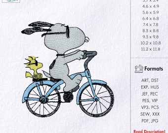 Cute Dog and Bird on Bicycle Embroidery Design Funny Puppy Bike Pattern