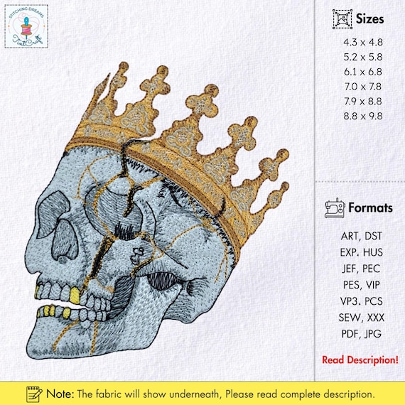 Gothic Skull Embroidery Design With Kintsugi Crown (digital