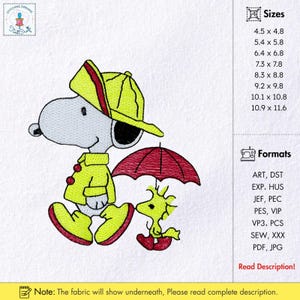Desenho de bordado fofo de cachorro e filhote de cachorro, cachorro e pássaro fofos de amendoim com guarda-chuva, arquivo de bordado à máquina, padrão de bordado Puddle Jumper Friends