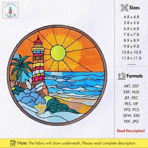 Stained Glass Lighthouse Beach Embroidery Design Coastal Lighthouse Sunset Machine Embroidery  Summer Beach Lighthouse Embroidery Pattern