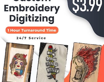 May include: Three examples of custom embroidery digitizing. The first is a white towel with a colorful embroidered image of a woman with flowers in her hair and birds. The second is a white shirt with a black and yellow embroidered pencil with the text "Do What Makes You Happy". The third is a beige shirt with a red and black embroidered image of a woman with a koala.