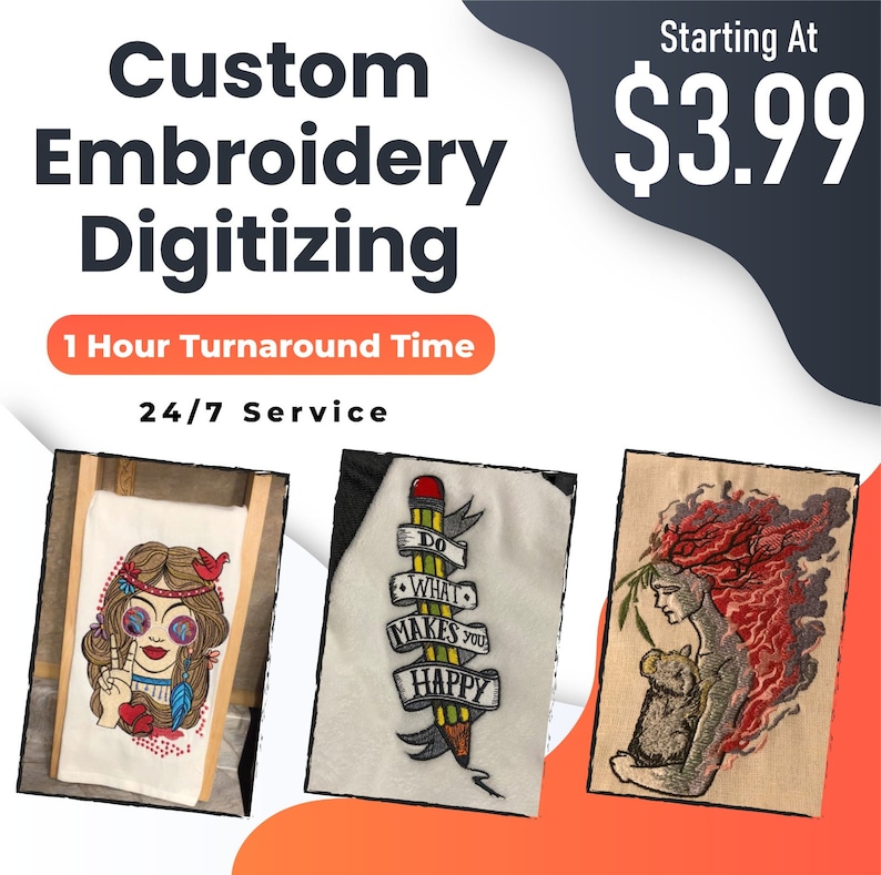 May include: Three examples of custom embroidery digitizing. The first is a white towel with a colorful embroidered image of a woman with flowers in her hair and birds. The second is a white shirt with a black and yellow embroidered pencil with the text "Do What Makes You Happy". The third is a beige shirt with a red and black embroidered image of a woman with a koala.