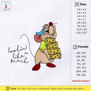 May include: An embroidered design featuring a cartoon mouse holding a stack of cheese. The mouse is wearing a green shirt, a blue hat, and red shoes. The text "lookin' like a snack" is written in cursive. The design is available in multiple sizes and formats.