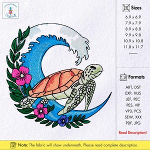 Sea Turtle Embroidery Design Coastal Marine Animal with Tropical Flowers Embroidery Pattern Coastal Sea Turtle Machine Embroidery PES File