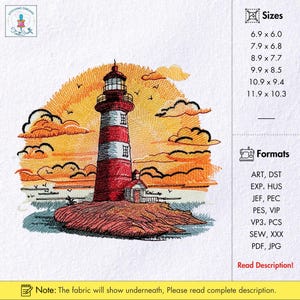 Lighthouse Machine Embroidery Design Seaside Lighthouse Design Ocean Sunset Embroidery Design Coastal Design Seascape Embroidery Design PES