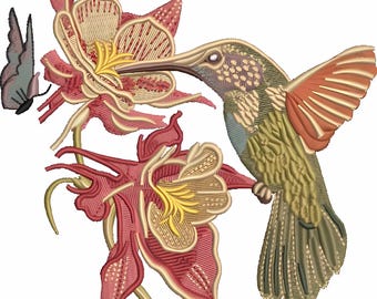May include: Embroidered design featuring a hummingbird with outstretched wings, perched on a pink and yellow flower with a butterfly nearby. The design is done in shades of green, brown, pink, and yellow.