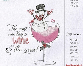 Christmas Wine Embroidery Pattern, Snowman, Funny Quote (Digital File)
