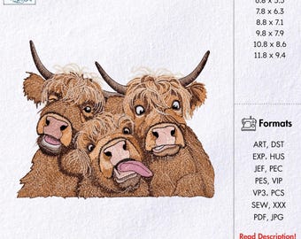 Crazy Highland Cow Family Embroidery Design Scottish Cow Embroidery Pattern Funny Farm Animal Embroidery File Heilan Coo Machine Embroidery