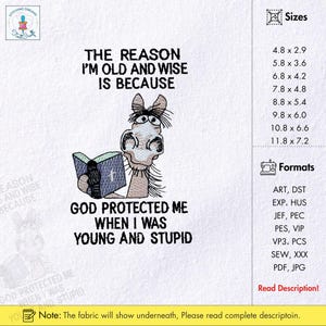 May include: White fabric with an embroidered design featuring a cartoon horse reading a book. Text reads "THE REASON I'M OLD AND WISE IS BECAUSE GOD PROTECTED ME WHEN I WAS YOUNG AND STUPID." Sizes range from 4.8 x 2.9 inches to 11.8 x 7.2 inches.