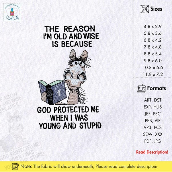Donkey Machine Embroidery Design Christian Funny Donkey Saying Embroidery Pattern Animal Embroidery File God Protected Me Quote Embroidery