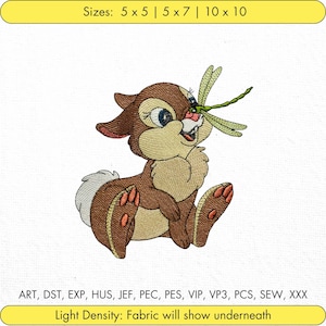 May include: A brown cartoon rabbit with large eyes and a dragonfly on its nose. The rabbit is sitting on its hind legs with its front paws raised. The dragonfly is green with brown wings. The image is for embroidery.