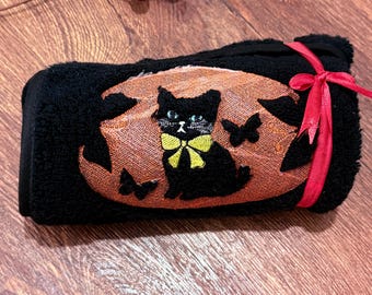 Halloween Cat Embossed Embroidery Design For Towel Spooky Kitten with Bow Pattern