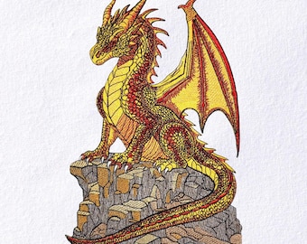 Golden Dragon Machine Embroidery Design, Mythical Fire Wings Pattern