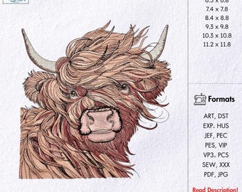 Shaggy Highland Cow Face Embroidery Design Scottish Farm Animal Cow Machine Embroidery File Fluffy Cow Embroidery Pattern Instant Download