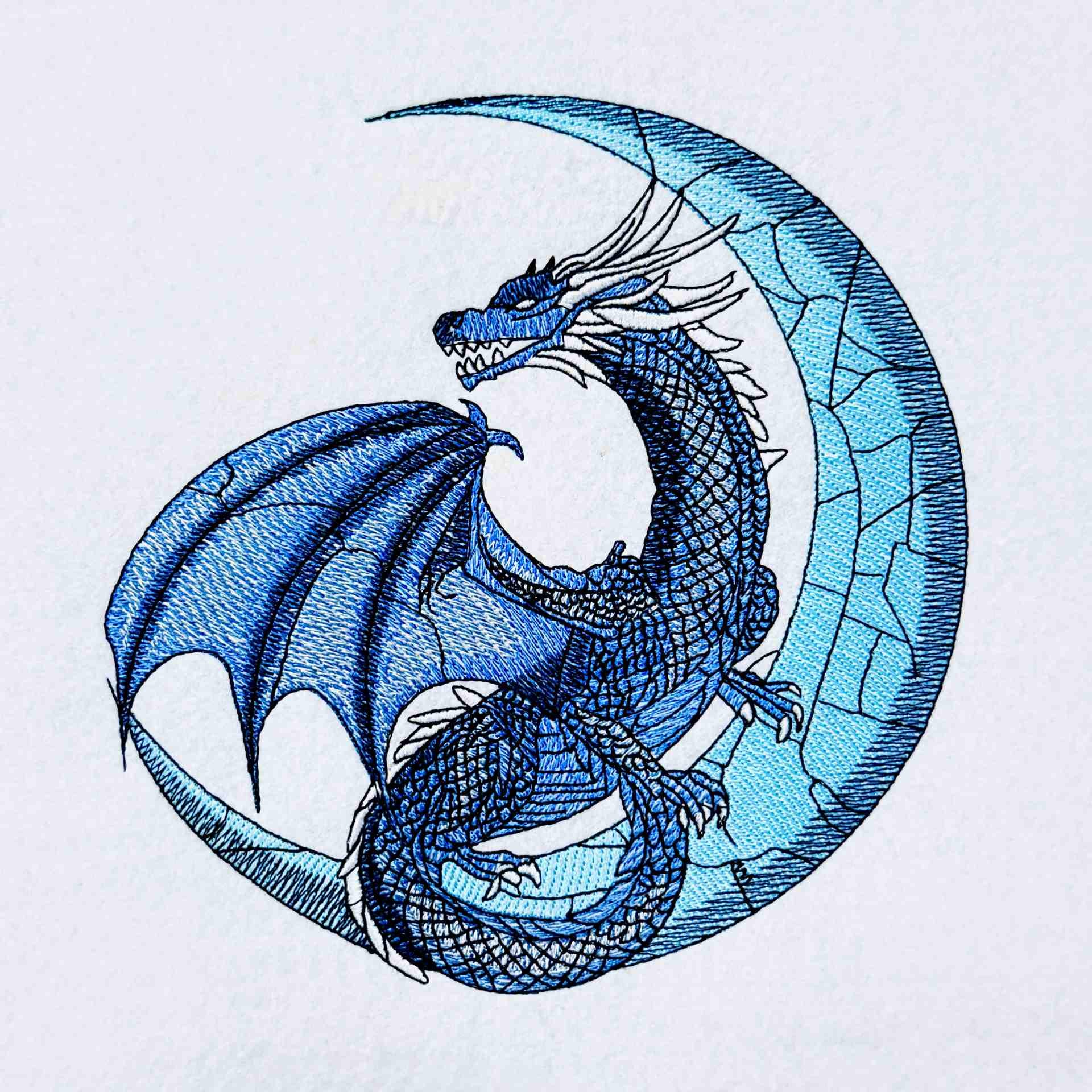 Blue Dragon on Moon Embroidery Design Celestial Dragon Machine