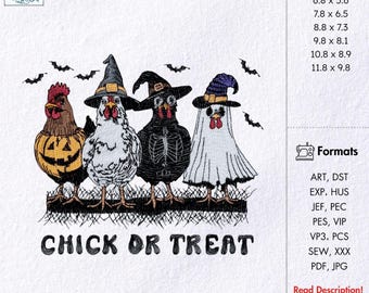 Chick or Treat Embroidery Design Halloween Chicken Pattern Funny Farm Animal Pes Dst