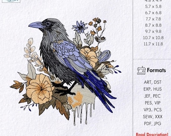 Mystic Raven Embroidery Design Bird Embroidery Pattern Gothic Raven and Floral Machine Embroidery Pattern Crow with Flowers Embroidery File