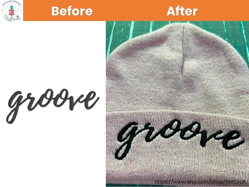 May include: A close-up of a pink beanie with the word "groove" embroidered in black thread. The word is in a cursive font.