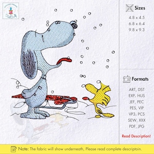 Hund Stickdatei berühmte Hundefigur Hund mit gelbem Vogel Embroidery Design Hund spielt im Schnee Filmfigur Winterszene PES DST