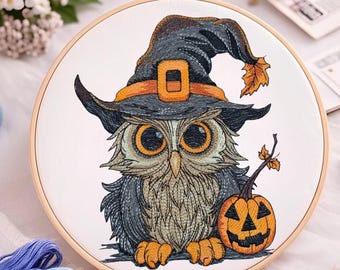 Halloween Witch Owl Embroidery Design with Pumpkin File Autumn Fall Leaves Pattern