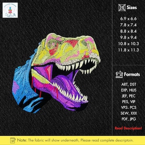 Levendige T-Rex borduurwerk ontwerpen kleurrijke dinosaurus hoofd machine borduurwerk patroon dinosaurus minnaar borduurwerk moderne dinosaurus borduurwerk kunst
