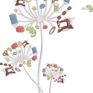 May include: Three white dandelion-like stems with sewing-themed embellishments. The top stem has a sewing machine, spools of thread, buttons, scissors, and safety pins. The middle stem has a sewing machine, spools of thread, buttons, and safety pins. The bottom stem has a sewing machine, spools of thread, buttons, and scissors.