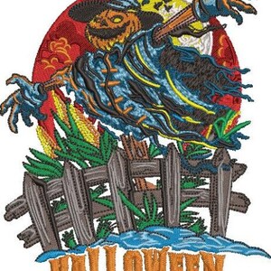 May include: An embroidered Halloween design. It depicts a scarecrow with a pumpkin head, wearing a blue coat and hat. The background is red and yellow, with a full moon. The word "HALLOWEEN" is embroidered in orange.