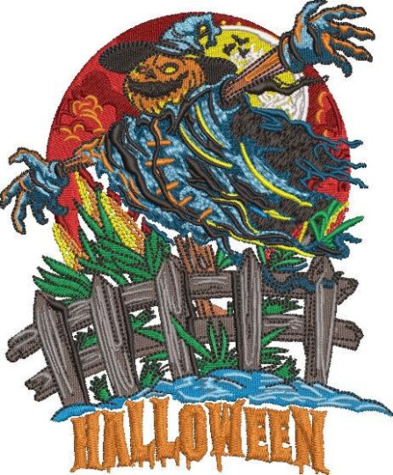 May include: An embroidered Halloween design. It depicts a scarecrow with a pumpkin head, wearing a blue coat and hat. The background is red and yellow, with a full moon. The word "HALLOWEEN" is embroidered in orange.