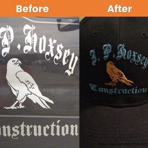May include: Before and after images of a custom embroidered baseball cap. The cap is black with a blue embroidered design that includes the name "J.P. Hoxsey Construction" and a brown falcon.