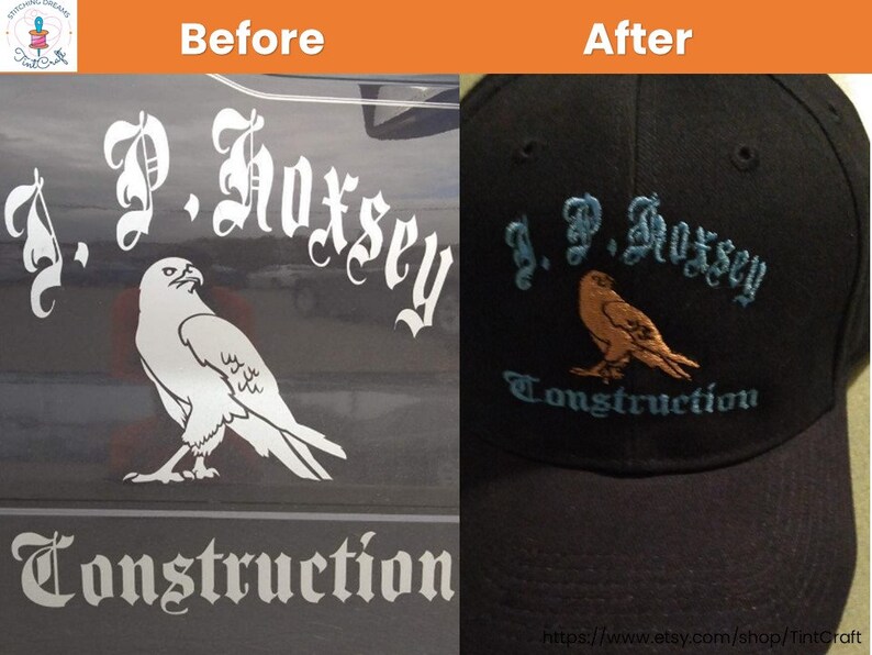 May include: Before and after images of a custom embroidered baseball cap. The cap is black with a blue embroidered design that includes the name "J.P. Hoxsey Construction" and a brown falcon.
