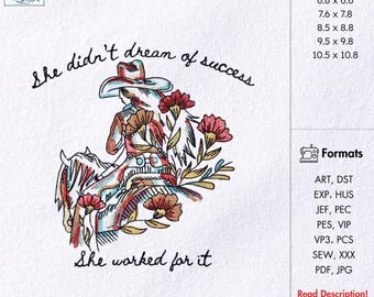 Cowgirl Embroidery Design "She Worked for It" Western Floral Cowgirl Quote Embroidery Inspirational Quote Embroidery File Instant Download