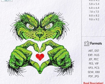 Christmas Thief Love Sign Embroidery Design  Grinch Christmas Machine Embroidery Grinch Love Embroidery Grinch Face with Heart Hands Design