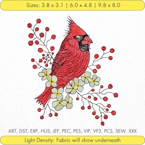 May include: Embroidered design of a vibrant red cardinal bird perched among branches with red berries and white flowers. The design is labeled with sizes and file types, including "Light Density: Fabric will show underneath."