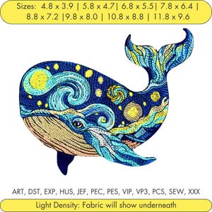 Puede incluir: Diseño de ballena bordada en tonos azules, amarillos y beige, que evoca una noche estrellada. El diseño incluye el texto "Light Density: Fabric will show underneath". Disponible en varios tamaños, desde 12.2 x 9.9 cm hasta 30 x 24.4 cm.