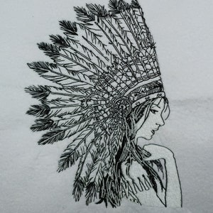 May include: Black and white line art embroidery design of a woman wearing a headdress with feathers. The woman is looking to the side and has long hair.