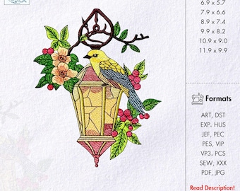 Sparrow Bird Machine Embroidery Design Sparrow and Lantern Embroidery Pattern Sparrow Embroidery Lantern Embroidery Vintage Home Lantern PES
