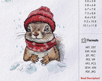 Squirrel Embroidery Design  Christmas Woodland Animal Pattern Red Hat Scarf File
