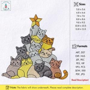 May include: An embroidered design featuring a Christmas tree shape made of various cat illustrations in shades of gray, yellow, and orange, topped with a gold star. The design includes size and format details, with the text "Stitching Dreams" at the top.