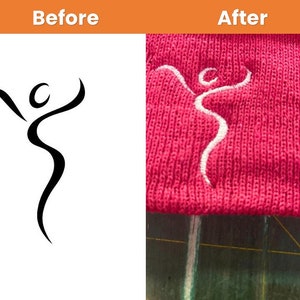 May include: A before and after image showing a stylized person design. The design is black on a white background in the before image. The after image shows the design embroidered in white on a pink fabric.