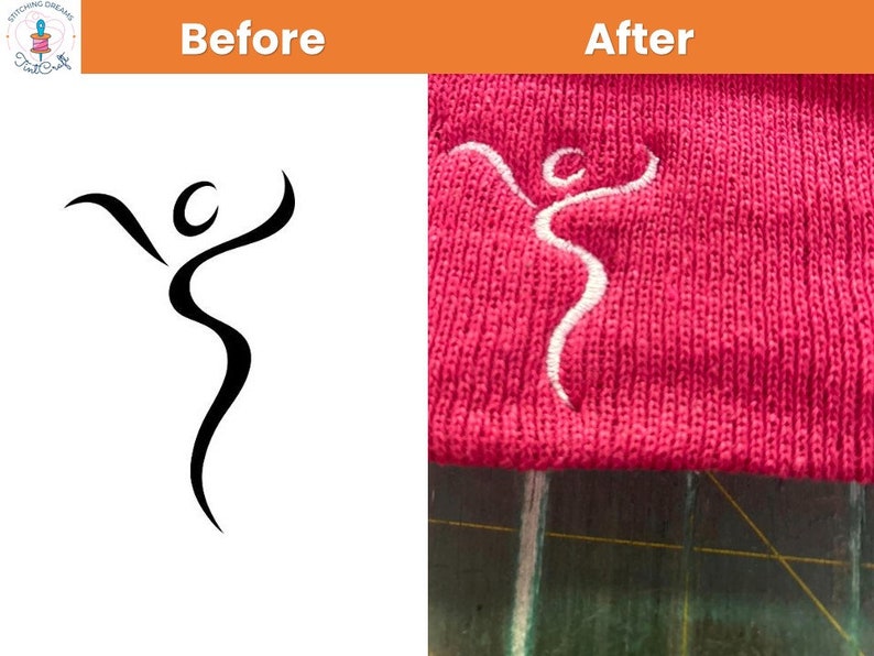 May include: A before and after image showing a stylized person design. The design is black on a white background in the before image. The after image shows the design embroidered in white on a pink fabric.