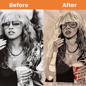 May include: A black and white photo of a woman with long hair wearing sunglasses and a necklace. She is holding a red and white cup with the word "Coke" on it. The photo has been embroidered on fabric.