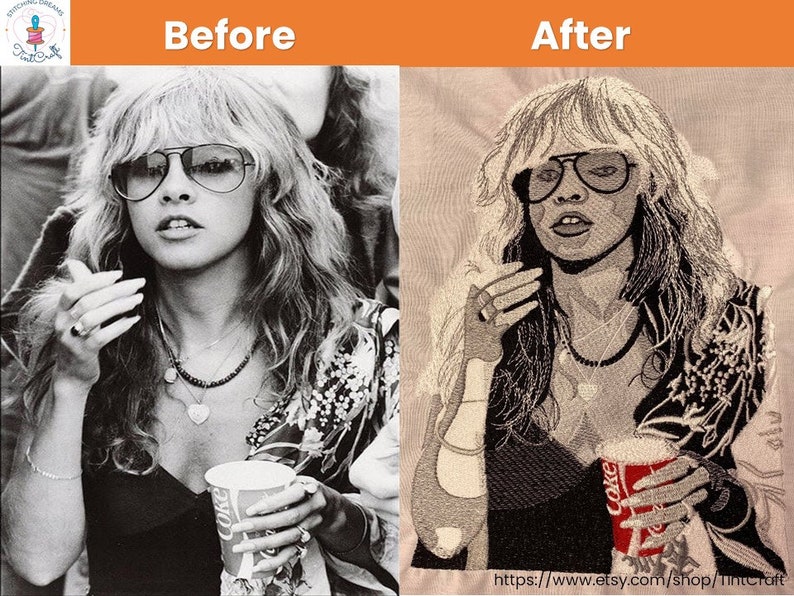 May include: A black and white photo of a woman with long hair wearing sunglasses and a necklace. She is holding a red and white cup with the word "Coke" on it. The photo has been embroidered on fabric.