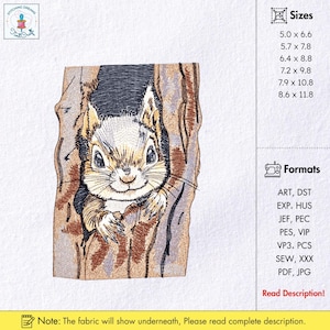 May include: An embroidered design of a squirrel peeking from a tree trunk. The squirrel has a light brown and white face with dark eyes and whiskers. The tree trunk is brown and grey. The design is available in multiple sizes, from 12.7cm x 16.8cm to 21.8cm x 29.9cm.