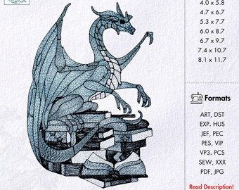 Drachen Wächter der Bücher Maschinenstickerei Design Buch Drachen Stickerei Muster Monochrome Drache auf Bücher Stickerei Instant Download